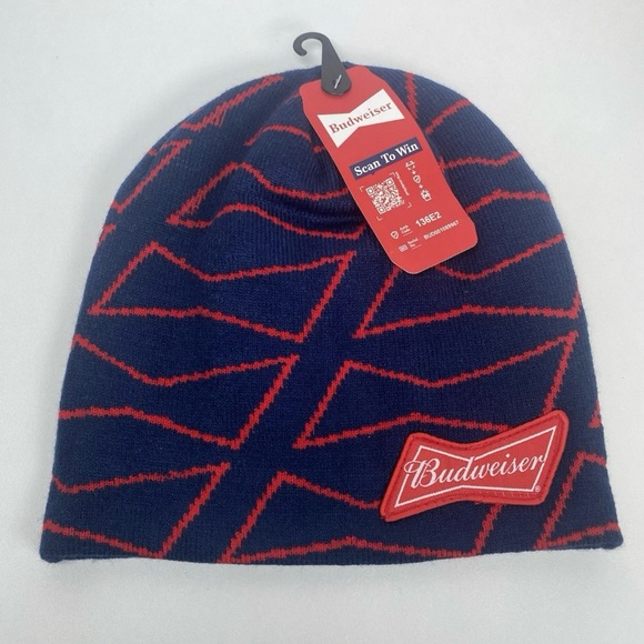 Men’s Budweiser Beanie Hat with Red and Blue Pattern - Picture 4 of 5